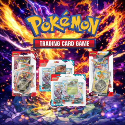 Embalagens de cartas colecionáveis Pokemon Trading Card Game com moedas colecionáveis sobre um fundo colorido flamejante.
