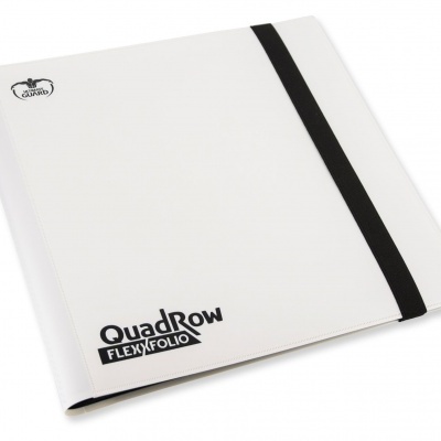 Pasta de documentos branca com elástico preto e logótipos QuadRow e FLEXYFOLIO