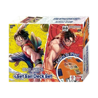 Caixa do conjunto One Piece Card Game Set Sail Deck Set com personagens e texto em inglês