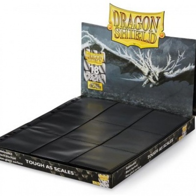 Capas protetoras de cartas Dragon Shield pretas em expositor com dragão branco