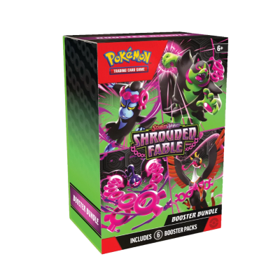 Caixa do jogo de cartas Pokémon Shrouded Fable Booster Bundle com personagens coloridos