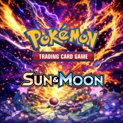 Imagem promocional do jogo de cartas Pokemon Sun & Moon com fundo de fogo e raios