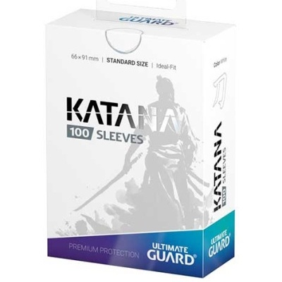 Caixa de protetores de cartas Katana 100 da Ultimate Guard com imagem de guerreiro e texto em azul e preto