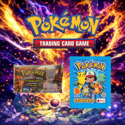 Pacotes de cartas colecionáveis e autocolantes Pokémon em fundo colorido