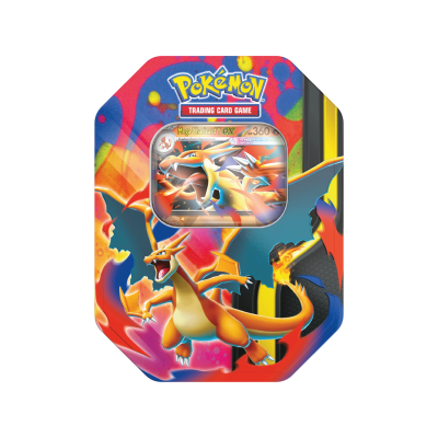 Estojo metálico colorido com ilustração do Pokémon Charizard e carta holográfica do jogo Pokémon Trading Card Game