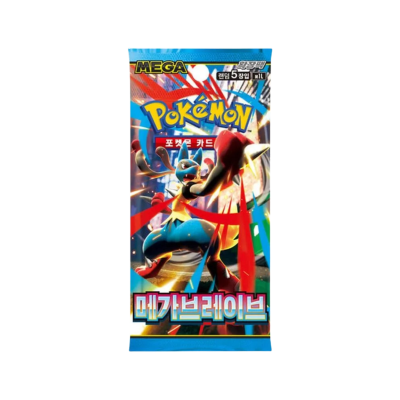 Pacote de cartas Pokémon MEGA com personagem azul em pose de ação