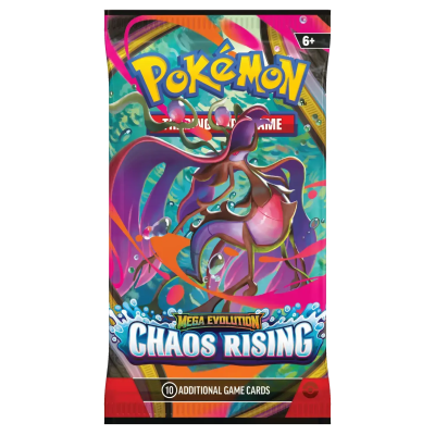 Pacote de cartas Pokémon Mega Evolution Chaos Rising com personagem ilustrado