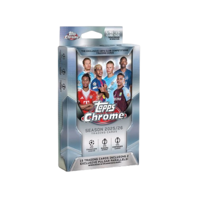Embalagem de cartas colecionáveis Topps Chrome com jogadores de futebol e informações da temporada 2025/26