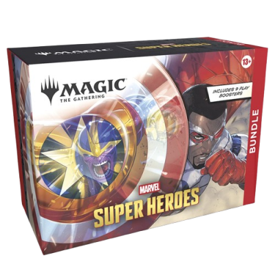 Caixa do jogo Magic The Gathering Marvel Super Heroes com cores vibrantes e texto visível