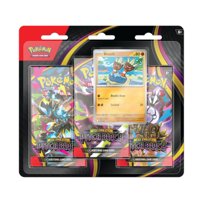 Pack de cartas Pokémon Mega Evolution Pitchblack com carta Binacle exposta na embalagem