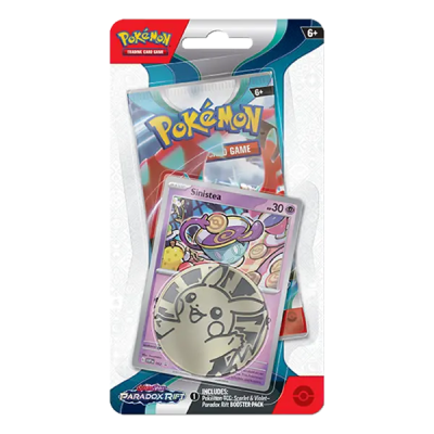 Pack de cartas Pokémon com carta Sinistea e moeda metálica com Pikachu