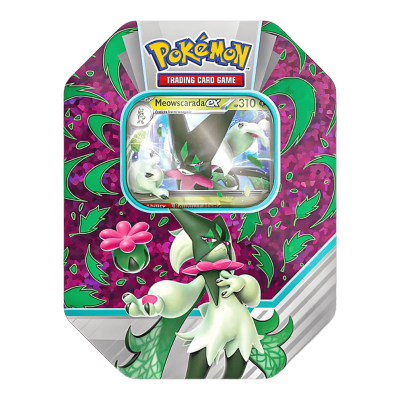 Embalagem metálica hexagonal do Pokémon Trading Card Game com personagem Meowscarada e cartão visível