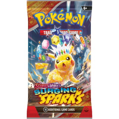 Pacote de cartas Pokémon Scarlet & Violet Surging Sparks com Pikachu e pedras coloridas
