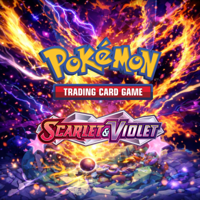 Imagem com logotipos de Pokémon Trading Card Game e Scarlet & Violet com fundo colorido e efeitos de fogo e eletricidade