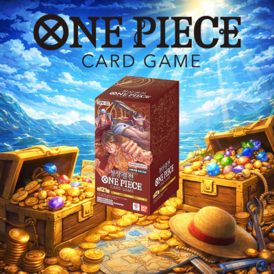 Embalagem do jogo de cartas One Piece com personagens e texto em coreano, sobre um cenário de baús de tesouros.