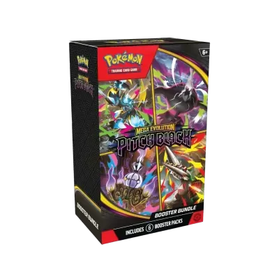 Caixa colorida de cartas Pokémon Mega Evolution Pitch Black para idades 6+, com 6 booster packs incluídos