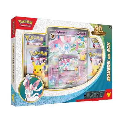 Caixa Pokémon TCG Sylveon EX com cartas e booster packs, tema colorido com Sylveon e Pikachu