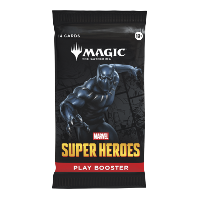Pack de cartas Magic The Gathering Marvel Super Heroes com imagem do Pantera Negra e texto PLAY BOOSTER