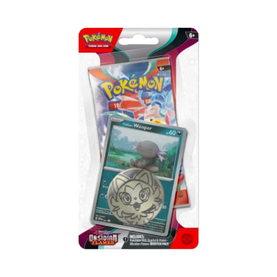 Pacote de cartas Pokémon com carta Wooper e moeda metálica