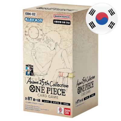 Caixa do jogo de cartas Anime 25th Collection ONE PIECE com ilustração do personagem e texto em inglês e coreano