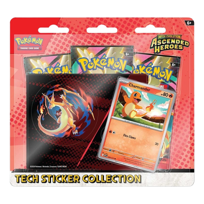 Conjunto Pokémon TECH STICKER COLLECTION com carta Charmander, cartas e autocolantes em embalagem vermelha e preta.