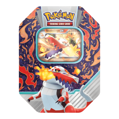 Embalagem Pokémon Trading Card Game com Pokémon Skeledirge ex e chamas laranja e roxo