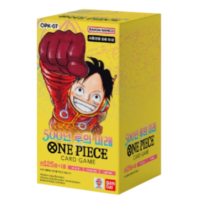 Embalagem amarela do jogo ONE PIECE Card Game com personagem e texto em coreano e inglês
