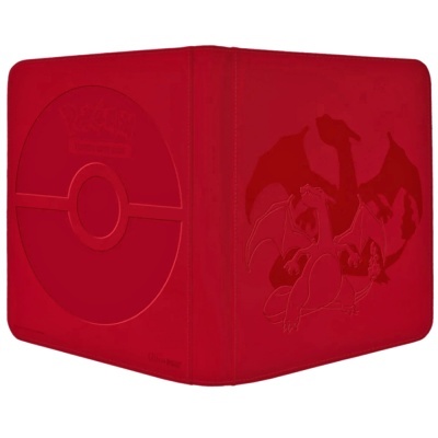 Carteira vermelha com relevo da Pokébola e do Pokémon Charizard