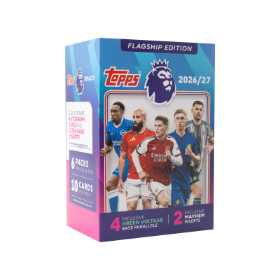 Caixa de cartas de futebol Topps Premier League edição 2026/27 azul e rosa com jogadores e texto