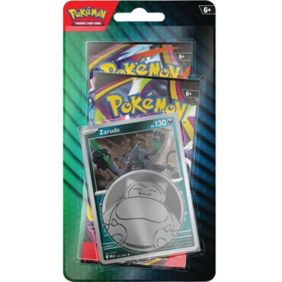 Pack de cartas Pokémon com booster packs, carta Zarude e moeda metálica com imagem de Snorlax