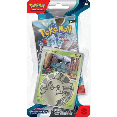 Pack Pokémon TCG com carta Pineco e moeda metálica de Pikachu