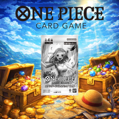 Pacote de jogo de cartas One Piece em fundo com baú de tesouro e moedas