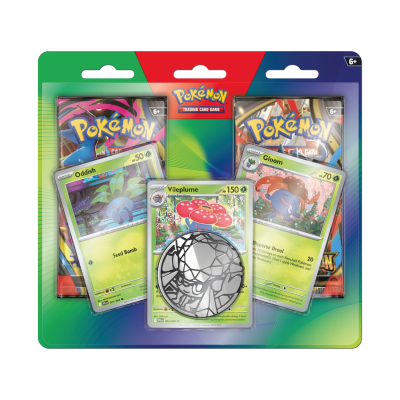 Cartas de Pokémon em embalagem colorida com moedas temáticas