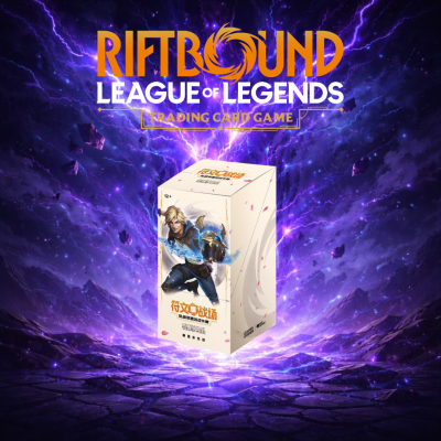 Caixa de jogo de cartas League of Legends com fundo roxo e texto RIFTBOUND.