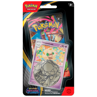 Pack de cartas Pokémon com cartão Whimsicott e ficha metálica prateada