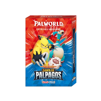 Caixa de jogo de cartas PALWORLD com personagens e texto em fundo vermelho e azul