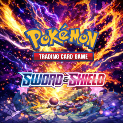 Logotipo Pokémon Trading Card Game Sword & Shield sobre fundo de fogo e relâmpagos.