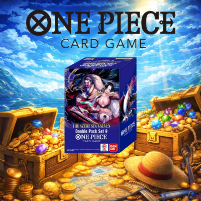 Caixa do jogo de cartas ONE PIECE com arte de personagens, ao centro de baús de tesouro e moedas douradas