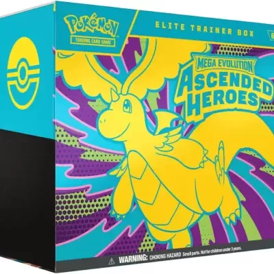 Caixa Elite Trainer Box Pokémon Mega Evolution Ascended Heroes colorida com personagem amarela