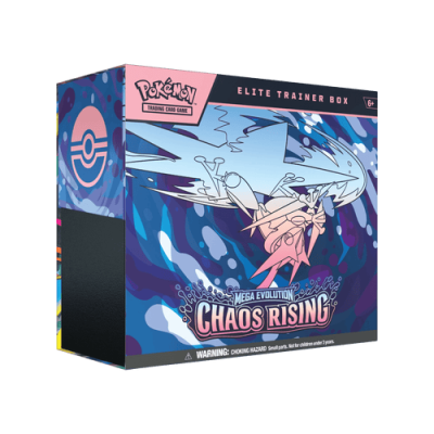 Caixa do jogo de cartas Pokémon Elite Trainer Box Mega Evolution Chaos Rising com ilustração e texto em inglês