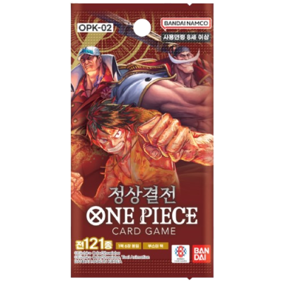 Pacote de cartas One Piece Card Game com personagens de anime e texto em coreano e inglês.