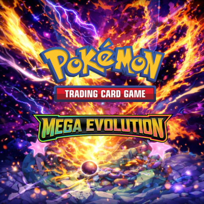 Logo do Pokémon Trading Card Game Mega Evolution com fundo de explosão colorida
