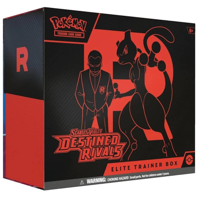 Caixa preta e vermelha Pokémon Elite Trainer Box com ilustração de personagem e Mewtwo