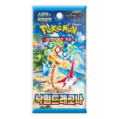 Embalagem azul colorida de booster pack Pokémon com imagens de Pokémon e texto em coreano
