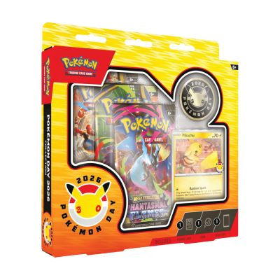 Pack Pokémon Trading Card Game com cartas, moeda comemorativa 2026, carta Pikachu, embalagem amarela e vermelha.