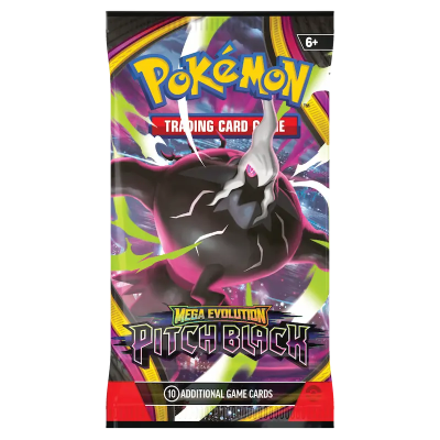 Pacote de cartas Pokémon Mega Evolution Pitch Black com personagem preto e signos coloridos