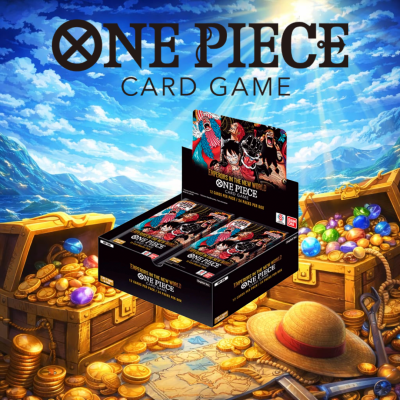 Caixa de jogo de cartas One Piece com ilustração e fundo de baús com tesouro.