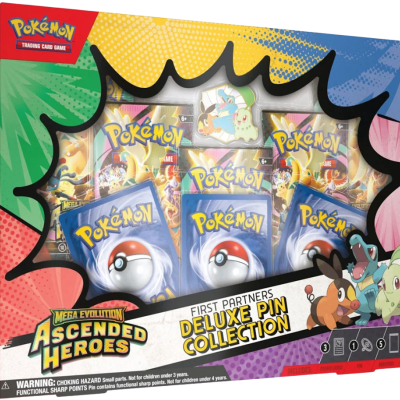 Caixa do jogo Pokémon Trading Card Game Mega Evolution Ascended Heroes Deluxe Pin Collection colorida
