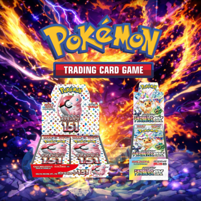 Display de cartas Pokémon com fundo colorido vibrante