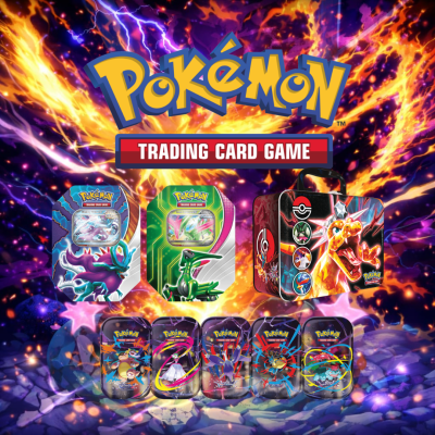 Produtos Pokémon Trading Card Game em embalagens metálicas e mala vermelha com desenhos de Pokémon sobre fundo de fogo e eletricidade